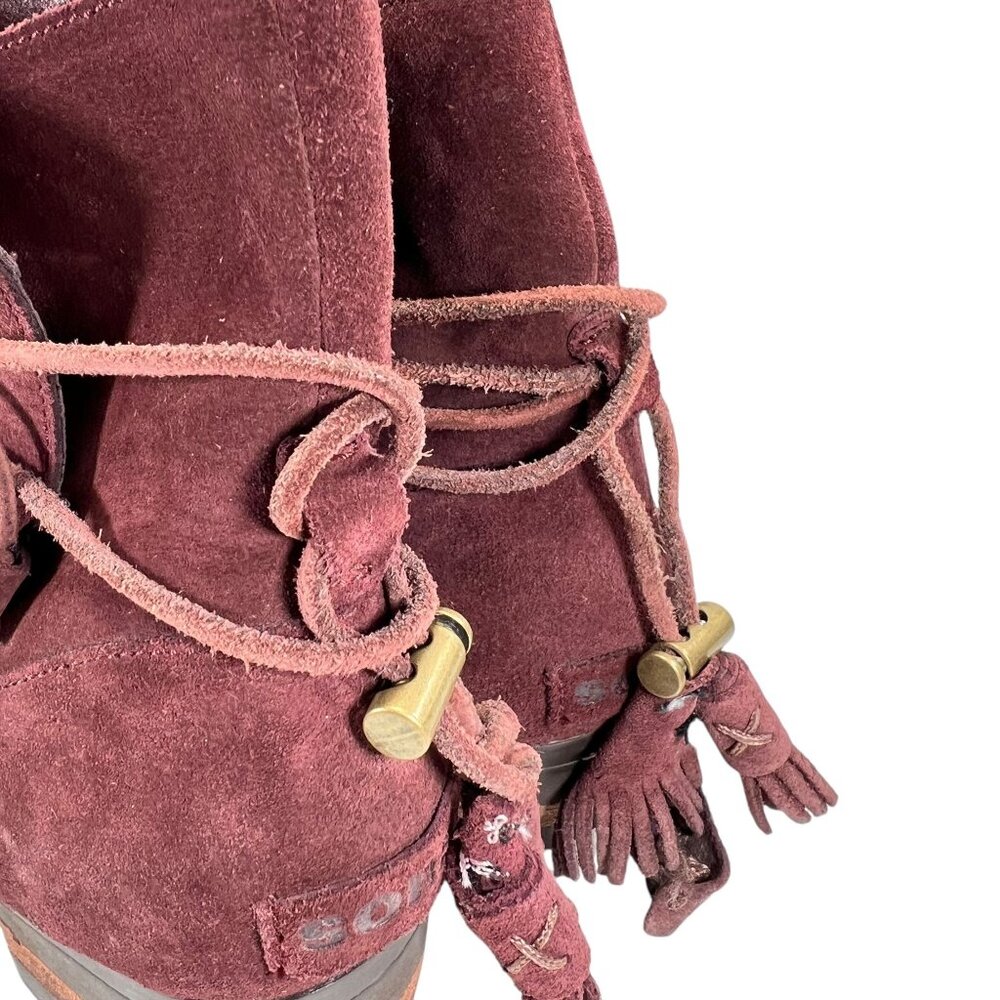 Sorel Womens Burgundy Suede Ankle Boots Wraparound Tassel Laces Low Block Heel - Picture 8 of 16